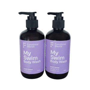 Two My Swim Body Wash pump bottles - one is unscented and one is infused with essential oils. Both bottles are brown and both labels are light purple with white font.