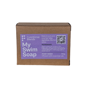 My Swim Soap in a brown paper box with a pale purple label with white font.
